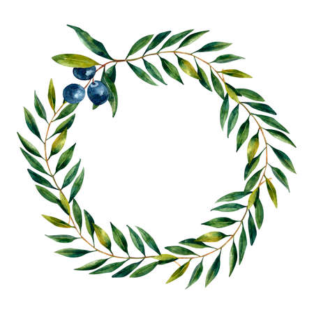 Hand-drawn watercolor collection of the different olives: black and green fruits, branch, leaves, oil in the bottle, sliced olives. Splash watercolor collection of the food illustrationsの写真素材