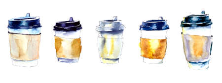 Coffee cup painted with watercolors on white background. The drink and sweets. Watercolor paper cup of coffee.の写真素材