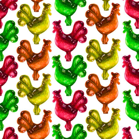 Watercolor illustration with bright candy and lollypops. Collection of hand-drawn cozy elements for you design. Seamless pattern.の写真素材