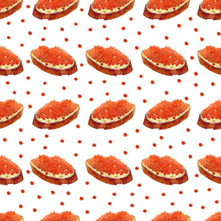 Seamless pattern. Sandwiches with red caviar. Watercolor hand drawn illustration, isolated on white backgroundの写真素材
