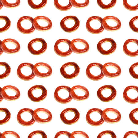 Seamless pattern tof baking in watercolor style. Pretzel, cheesecake, pie, croissants, pastries, bagels and other baked goods. Vintage watercolor concept for bakery or cafe.の写真素材