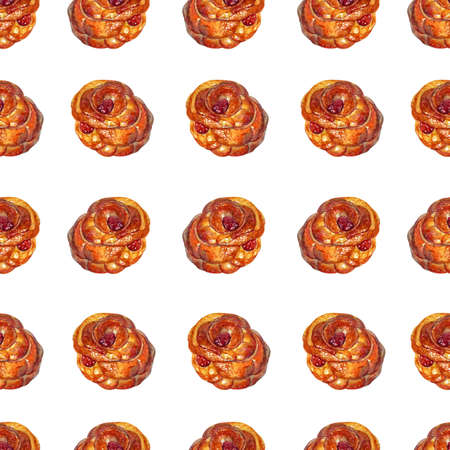 Seamless pattern tof baking in watercolor style. Pretzel, cheesecake, pie, croissants, pastries, bagels and other baked goods. Vintage watercolor concept for bakery or cafe.の写真素材