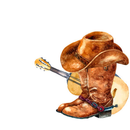 Vintage watercolor country set. Cowboy hat, boots and guitar.Watercolor painting isolated on white background.の写真素材