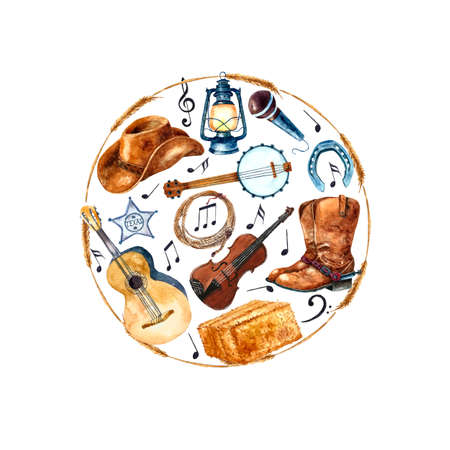 Vintage watercolor seamless pattern. Cowboy hat, boots, guitar.Watercolor painting isolated on white background.の写真素材