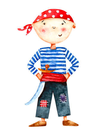 Watercolor illustration of cartoon cute pirate boy in red headband, white and blue striped clothes with sword isolated on white background.の写真素材