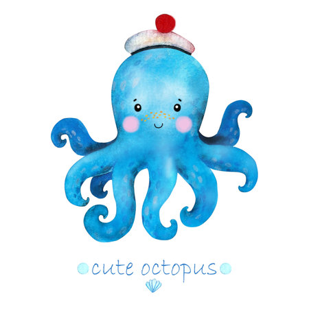 Watercolor cartoon octopus in a sailor hat. Hand draw isolated illustrations.の写真素材