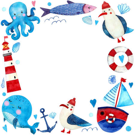Watercolor cartoon sea set. Seagulls, boat, octopus, whale, lighthouse. Hand draw illustrations.の写真素材