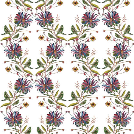 Watercolor flower in vintage retro style with added texture of gold and sequins. Seamless pattern.の写真素材