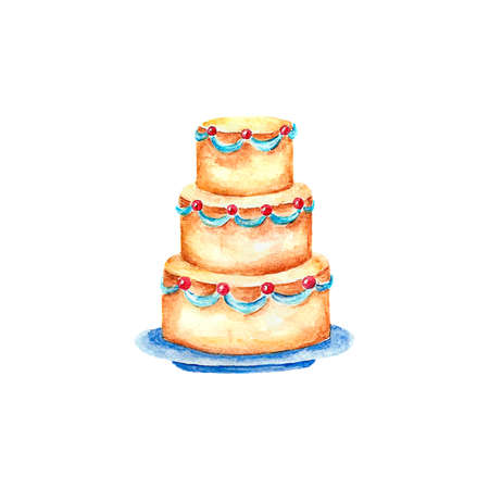 Watercolor bright card with cake. Hand draw vintage collage illustration cake isolated on white...