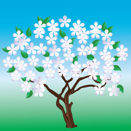 The vector tree with pink flowers and leaves on blue-green background.のイラスト素材