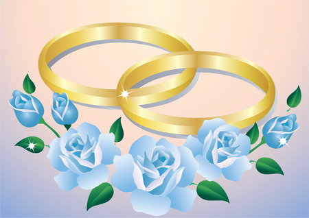 Wedding rings and blue roses in pink and blue background. のイラスト素材