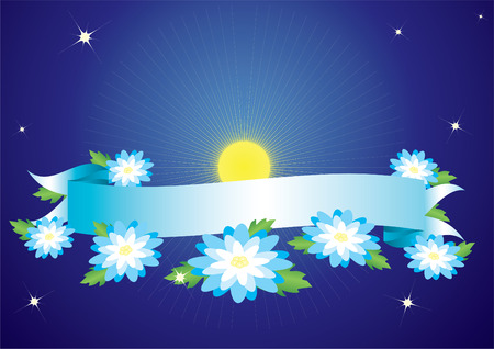 Blue banner and flowers on a blue background with the rays and stars.のイラスト素材
