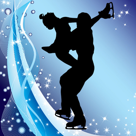 Silhouette of couples dancing on the ice against the background of ribbons and stars.のイラスト素材