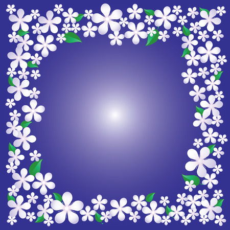 Abstract frame with spring flowers and green leaves on a purple background.のイラスト素材