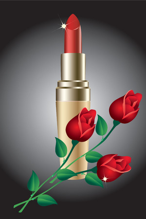 Red lipstick and three red roses on a black background.のイラスト素材