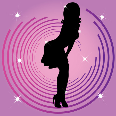 silhouette of a beautiful woman against a background of violet circles. のイラスト素材