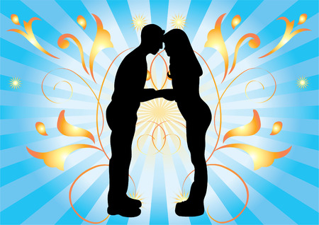 Silhouettes of lovers on a background of flowers and rays. のイラスト素材