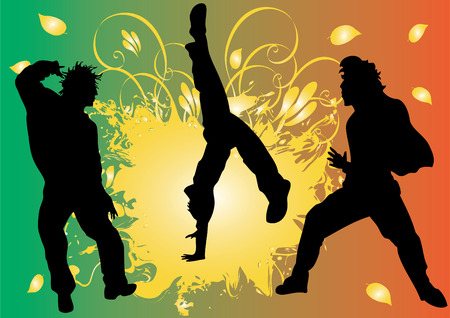 Silhouettes of dancing men against the backdrop of golden leaves, vector. のイラスト素材