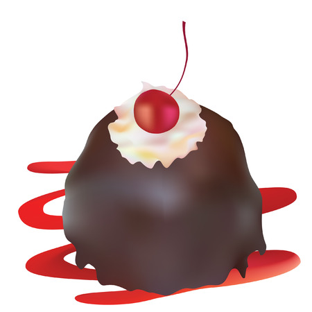 Chocolate cake with cream and cherries on a white background, vector. のイラスト素材