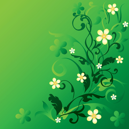 Ornament with yellow flowers and leaves on a green background. のイラスト素材
