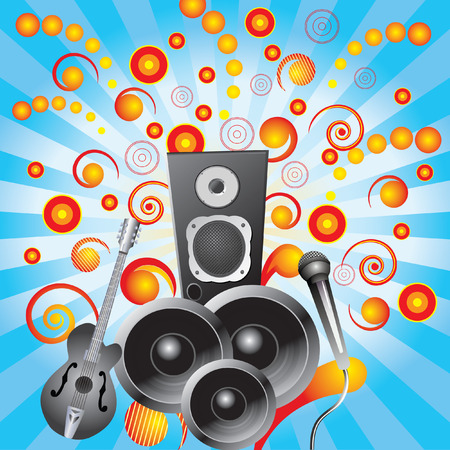 Abstract background with speakers, a guitar and a microphone.のイラスト素材