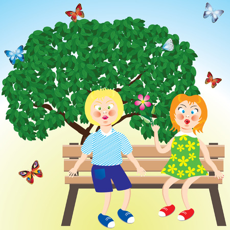 Children on the bench.のイラスト素材