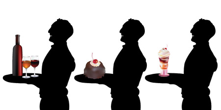 Silhouettes waiters with wine and desserts.のイラスト素材