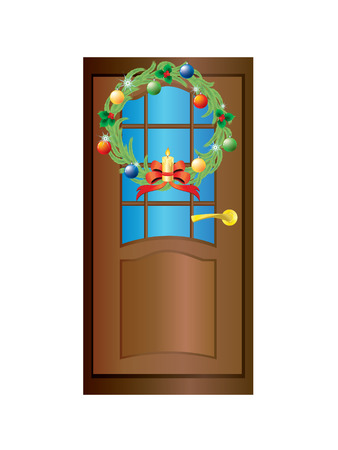 Brown door with a Christmas wreath on a white background.のイラスト素材