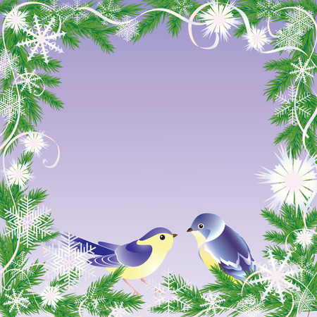 Frame from branches of the green pine with snowflake and bird.のイラスト素材