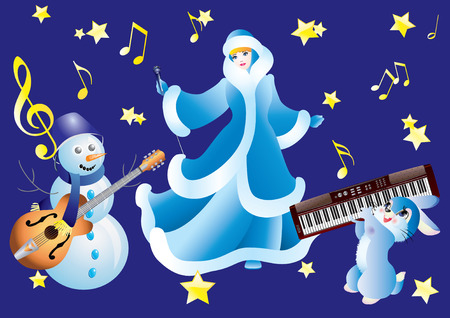 Snowman, Snow White and the rabbit with musical instruments on a blue background.のイラスト素材