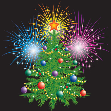 Christmas tree and fireworksのイラスト素材
