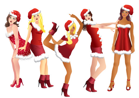 Five Snow Maidens in red suits and Christmas bell.のイラスト素材