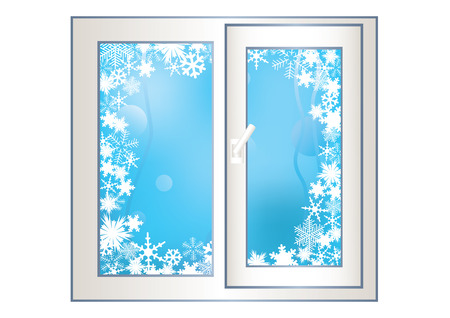 Window on the background of a winter landscape with snowflakesのイラスト素材