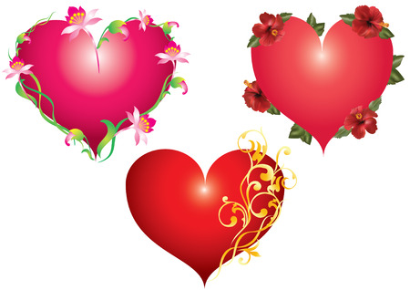Three red abstract heart with flowers and ornaments.のイラスト素材