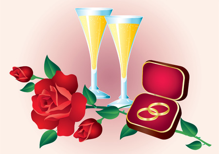 Two wedding rings and red roses and champagne glasses. のイラスト素材