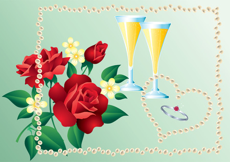 Ring, a bouquet of red roses, champagne glasses and pearls.のイラスト素材