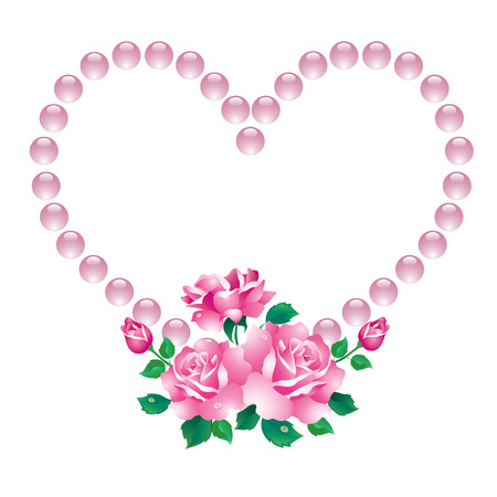 Abstract heart with a bouquet of pink roses with green leaves.のイラスト素材