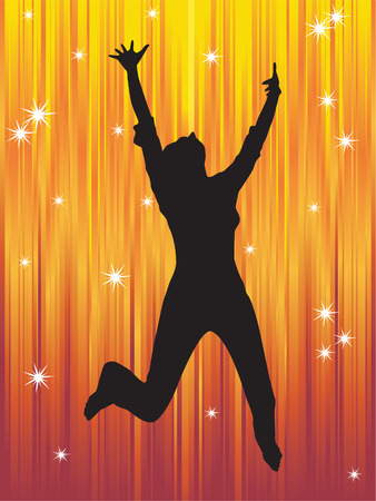 Silhouette of girl jumping on the background of yellow and red stripes.のイラスト素材