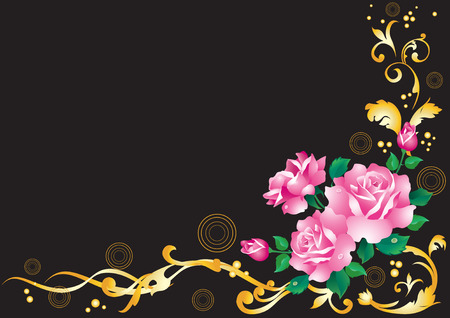 Pink roses and golden ornament on a black background.のイラスト素材