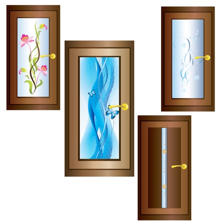 Wooden door with glass, gold decoration and handles のイラスト素材