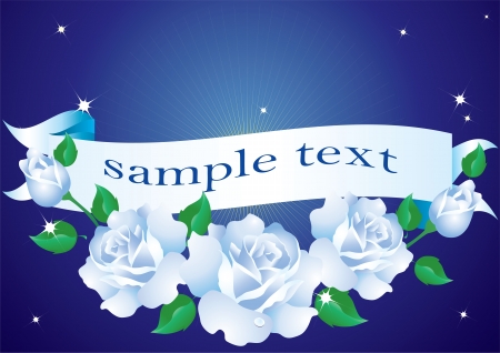 Blue roses and ribbon Abstract background with ribbon, blue roses and green leaves のイラスト素材