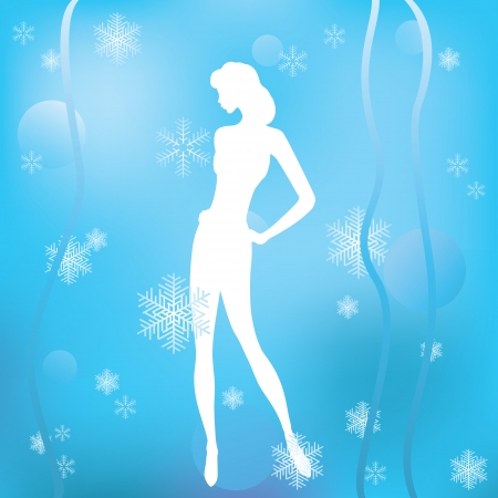 Winter background with a silhouette of a girl Silhouette of the girl on a blue winter background with snowflakes のイラスト素材