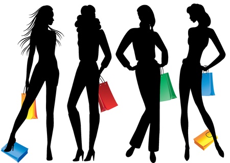 Silhouettes of women with shopping Silhouettes of models with shopping on white background のイラスト素材