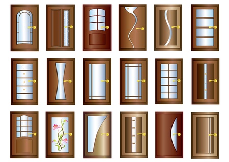 Door Collection of brown doors with golden handles over white backgroundのイラスト素材