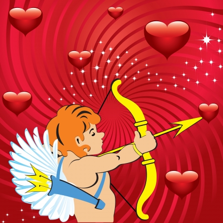 Valentines backgroundAngel with an arrow on a red background with hearts and starsのイラスト素材