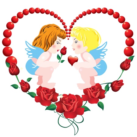 Two angels on the background of the heart of rosesのイラスト素材