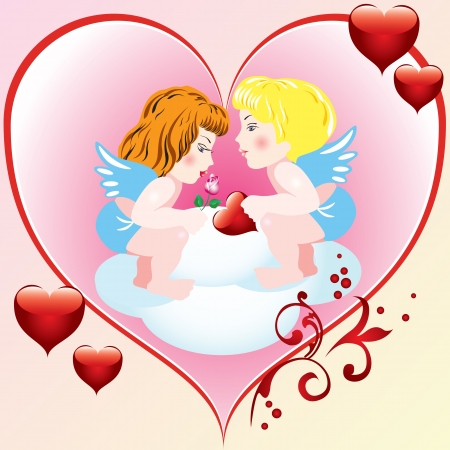 Abstract background with two angels and heartsのイラスト素材