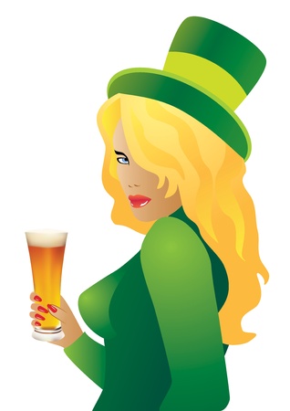 Vector girl in a green hat with a beer in handのイラスト素材