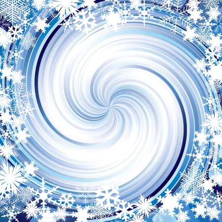 Blue background with spiral of snowflakes and frame.のイラスト素材
