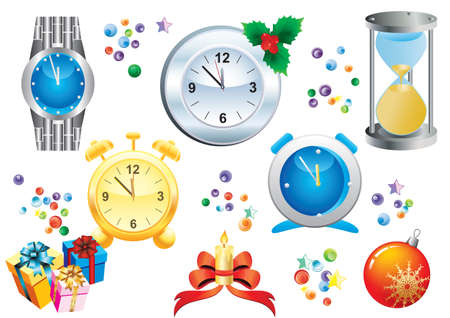Clock and Christmas decorations on white backgroundのイラスト素材